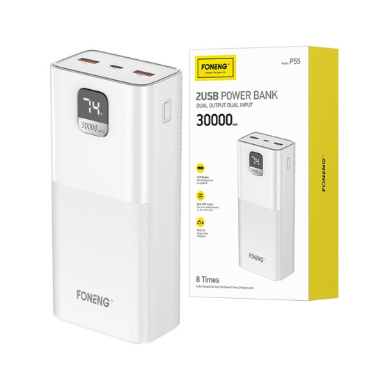 Banco de Potência Foneng P55 com Display LCD Digital e Dual USB 30000mAh 22,5W Branco